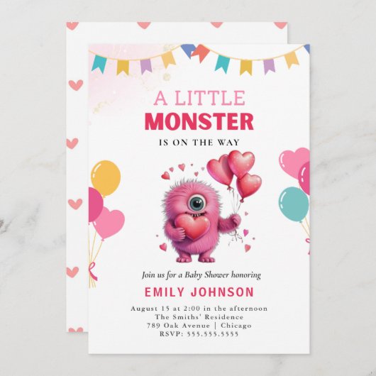 可愛いおもしろいモンスターベビーシャワー 招待状 (正面/裏面)