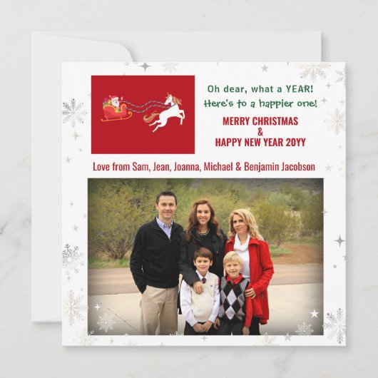 可愛いおもしろいユニコーンサンタユーモア写真クリスマス手紙 シーズンカード (正面)