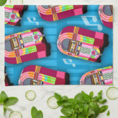 可愛いおもしろいレトロ50年代ネオンジュークボックスパターン キッチンタオル (折り畳み)