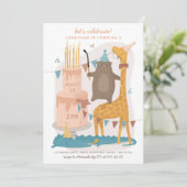 可愛いおもしろい動物:クマのキリン。子供の誕生日 招待状 (スタンド正面)