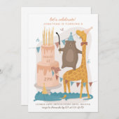 可愛いおもしろい動物:クマのキリン。子供の誕生日 招待状 (正面/裏面)