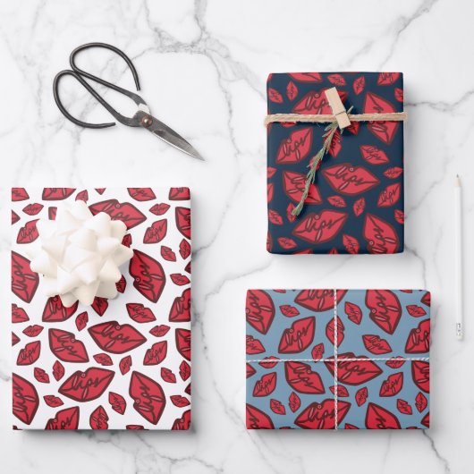 可愛いおもしろい唇のパターンミックス ラッピングペーパーシート (正面)