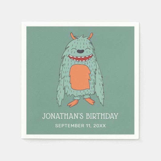 可愛いおもしろい怪物。子供の男の子の誕生日パーティー スタンダードカクテルナプキン (正面)