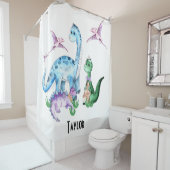 可愛いおもしろい恐竜の青い紫の緑の子供の名前 シャワーカーテン (インサイチュ)