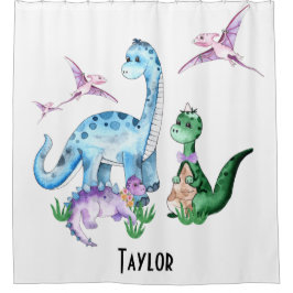 可愛いおもしろい恐竜の青い紫の緑の子供の名前 シャワーカーテン