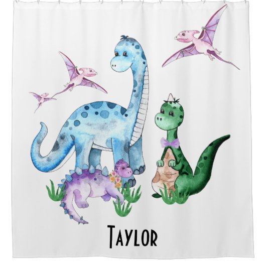 可愛いおもしろい恐竜の青い紫の緑の子供の名前 シャワーカーテン (正面)