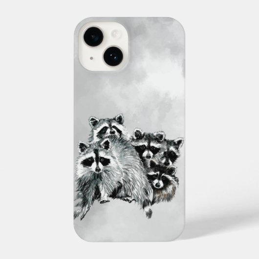 可愛いおもしろい水彩ラクーンファミリー動物アート iPhoneケース (裏面)