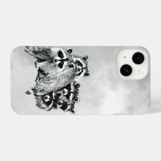 可愛いおもしろい水彩ラクーンファミリー動物アート iPhoneケース (裏面横)
