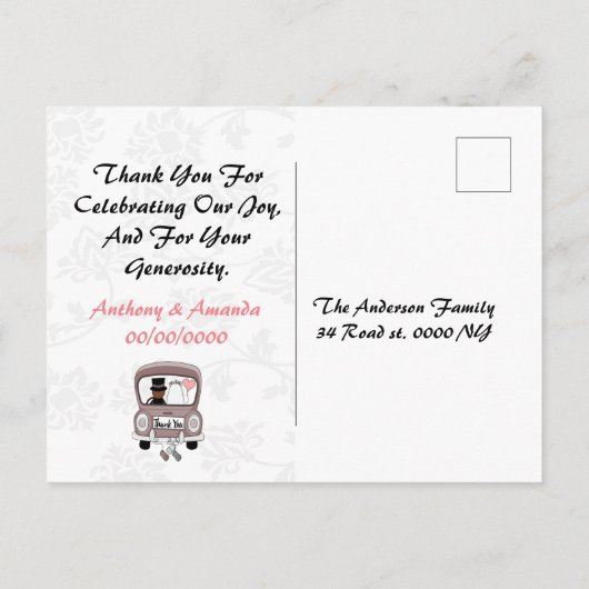 可愛いおもしろい漫画たった今結婚しました車の招待 インビテーションポストカード (裏面)