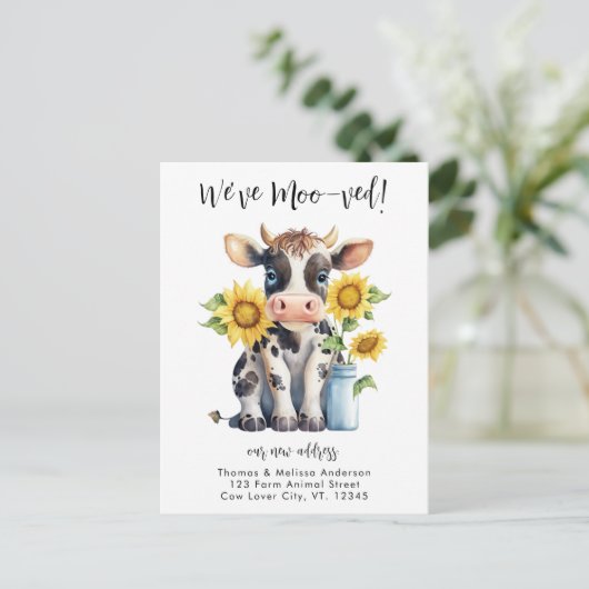 可愛いおもしろい牛の新しいアモードレス移動 案内ポストカード (スタンド正面)