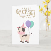可愛いおもしろい牛&バルーンハッピーバースデー カード (黄色い花)