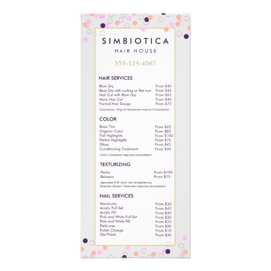 可愛いおもしろい紙吹雪サロン価格表サービスメニュー ラックカード (正面)