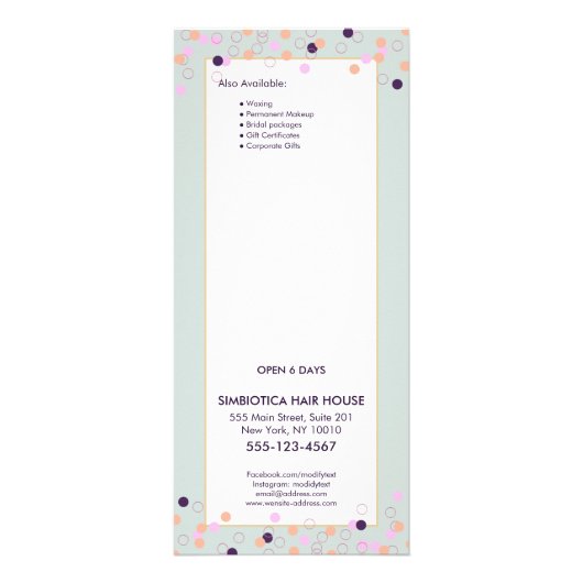 可愛いおもしろい紙吹雪サロン価格表サービスメニュー ラックカード (裏面)