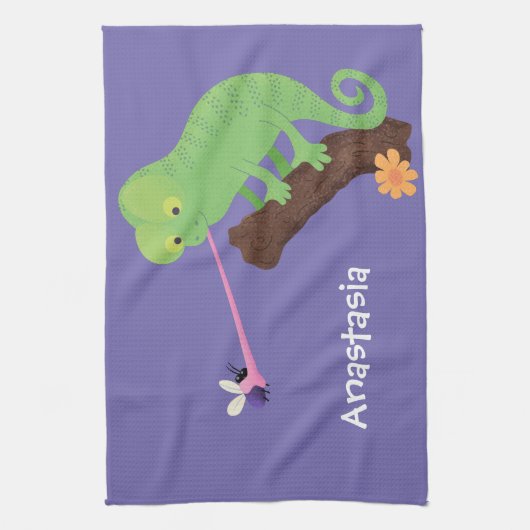 可愛いおもしろい緑のハッピーカメレオン キッチンタオル (縦)