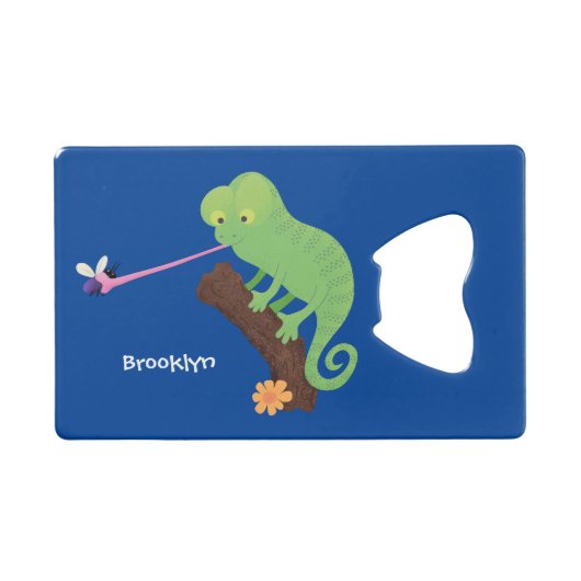 可愛いおもしろい緑のハッピーカメレオン クレジットカード栓抜き (正面(横))