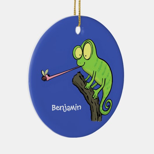 可愛いおもしろい緑のハッピーカメレオン セラミックオーナメント (右)