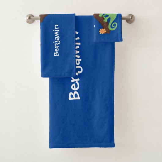 可愛いおもしろい緑のハッピーカメレオン バスタオルセット (インサイチュ)