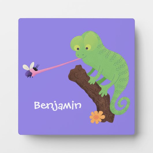 可愛いおもしろい緑のハッピーカメレオン フォトプラーク (正面)