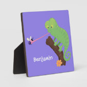 可愛いおもしろい緑のハッピーカメレオン フォトプラーク (正面)