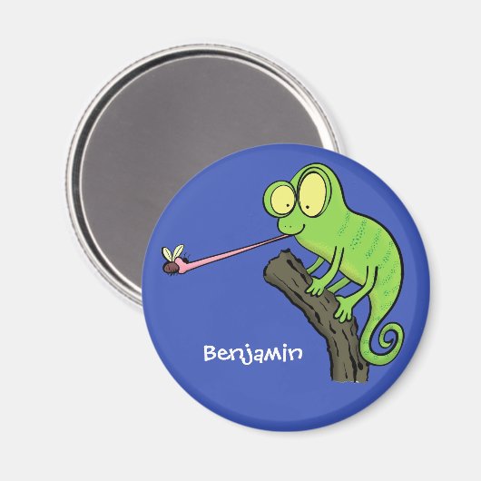 可愛いおもしろい緑のハッピーカメレオン マグネット (正面/裏面)