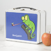 可愛いおもしろい緑のハッピーカメレオン メタルランチボックス (インサイチュ)