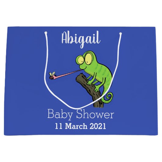 可愛いおもしろい緑のハッピーカメレオン ラージペーパーバッグ (正面)