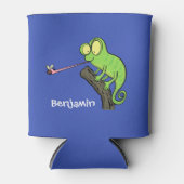 可愛いおもしろい緑のハッピーカメレオン 缶クーラー (正面)