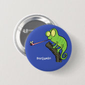 可愛いおもしろい緑のハッピーカメレオン 缶バッジ (正面&裏面)