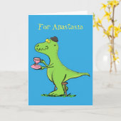 可愛いおもしろい緑tレックス恐竜の漫画 カード (黄色い花)