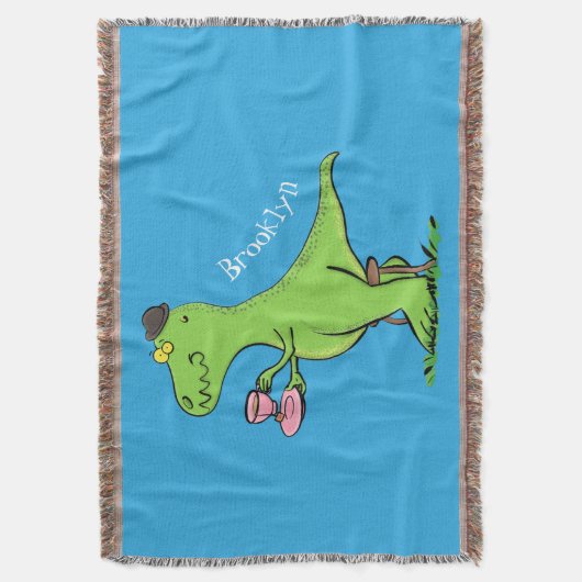 可愛いおもしろい緑tレックス恐竜の漫画 スローブランケット (正面縦)