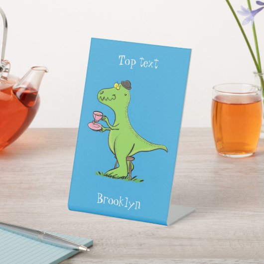 可愛いおもしろい緑tレックス恐竜の漫画 台座サイン (インサイチュ)