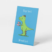 可愛いおもしろい緑tレックス恐竜の漫画 台座サイン (正面)