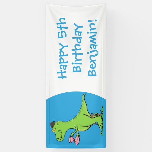 可愛いおもしろい緑tレックス恐竜の漫画 横断幕 (縦)