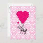 可愛いおもしろい象とピンクダマスク ポストカード (正面/裏面)