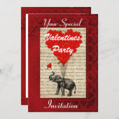 可愛いおもしろい象のバレンタインパーティー 招待状 (正面/裏面)