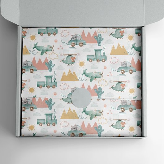 可愛いおもしろい輸送と動物。キッズベビーパターン 薄葉紙