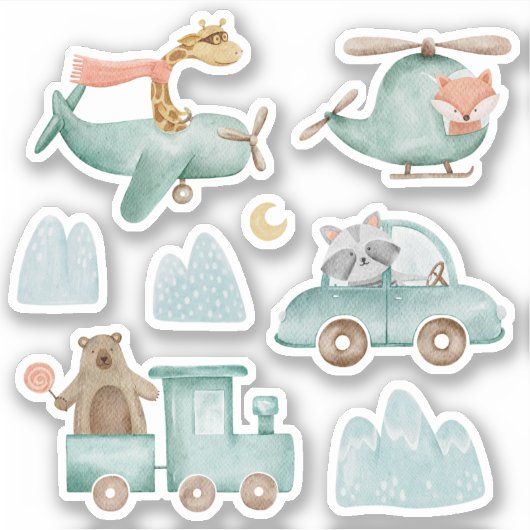 可愛いおもしろい輸送と動物。キッズベビー旅行 シール (正面)