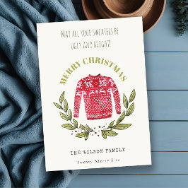 可愛いおもしろい醜いセーターの葉の赤い緑のクリスマス シーズンカード