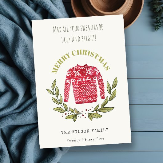 可愛いおもしろい醜いセーターの葉の赤い緑のクリスマス シーズンカード