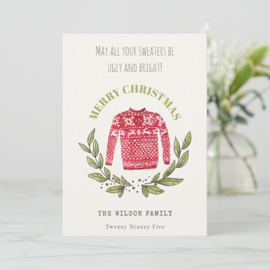 可愛いおもしろい醜いセーターの葉の赤い緑のクリスマス シーズンカード (スタンド正面)