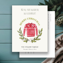 可愛いおもしろい醜いセーターの葉の赤い緑のクリスマス シーズンポストカード