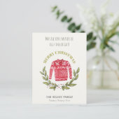 可愛いおもしろい醜いセーターの葉の赤い緑のクリスマス シーズンポストカード (スタンド正面)