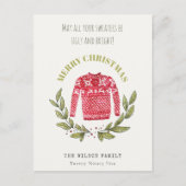 可愛いおもしろい醜いセーターの葉の赤い緑のクリスマス シーズンポストカード (正面)