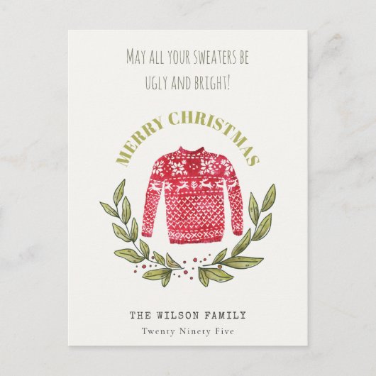 可愛いおもしろい醜いセーターの葉の赤い緑のクリスマス シーズンポストカード (正面)