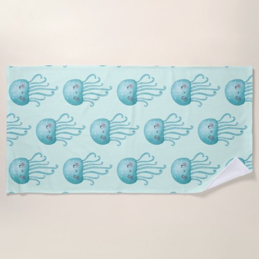可愛いおもしろい青緑色クラゲ模様 ビーチタオル (正面)