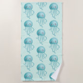 可愛いおもしろい青緑色クラゲ模様 ビーチタオル (正面)