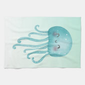 可愛いおもしろい青緑色クラゲ キッチンタオル (横)