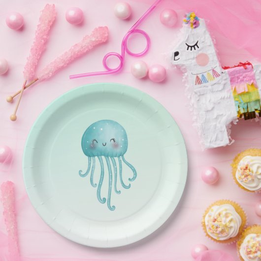 可愛いおもしろい青緑色クラゲ ペーパープレート (パーティー)