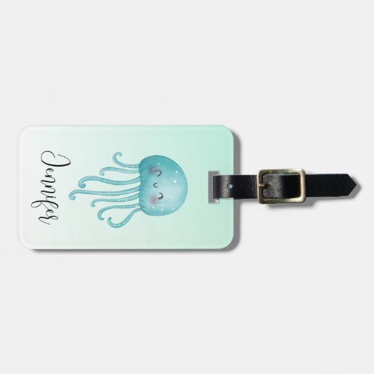 可愛いおもしろい青緑色クラゲ ラゲッジタグ (正面横)