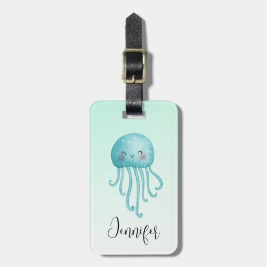 可愛いおもしろい青緑色クラゲ ラゲッジタグ (正面縦)